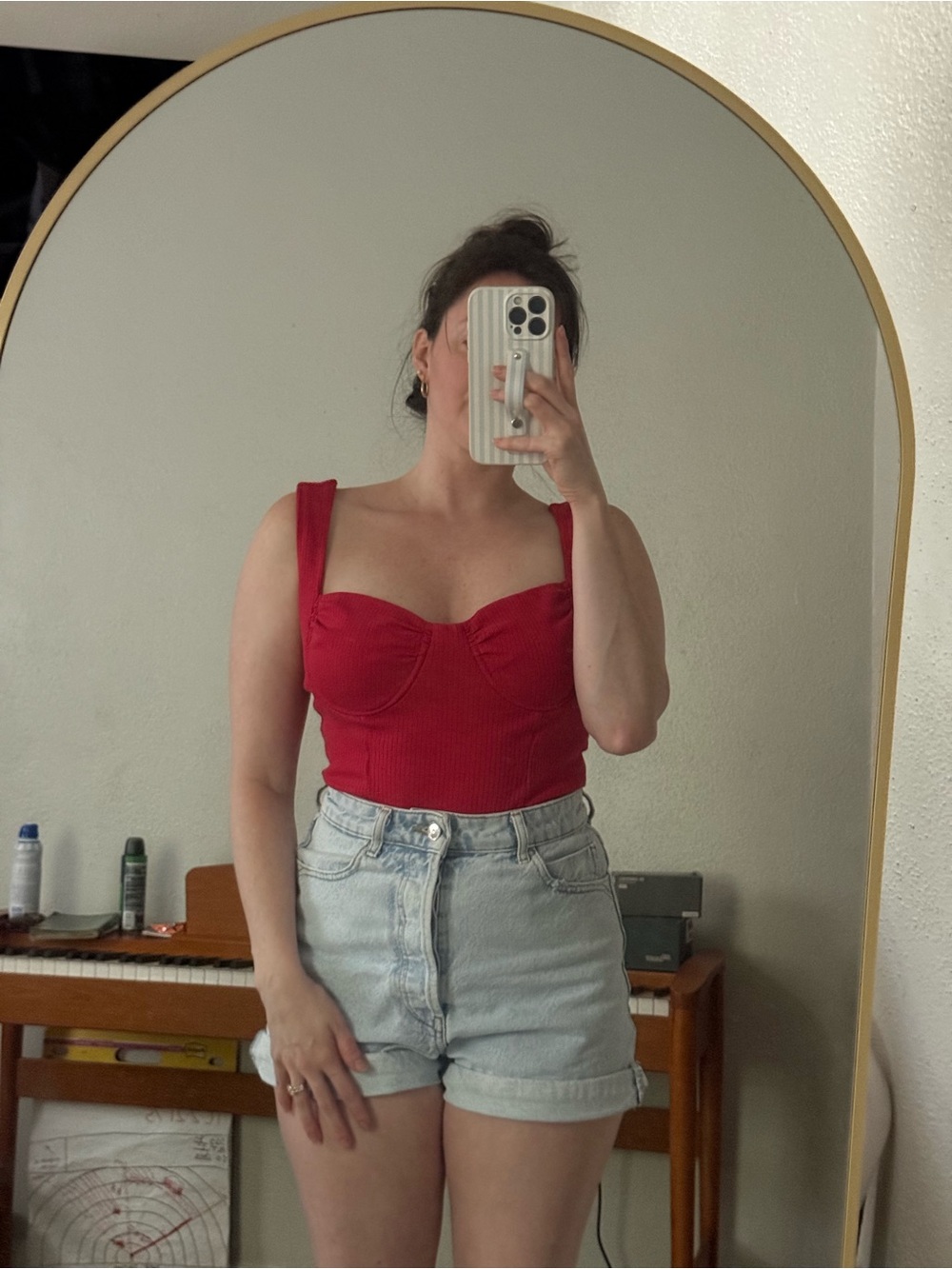 Red Ribbed Bustier Bodysuit
